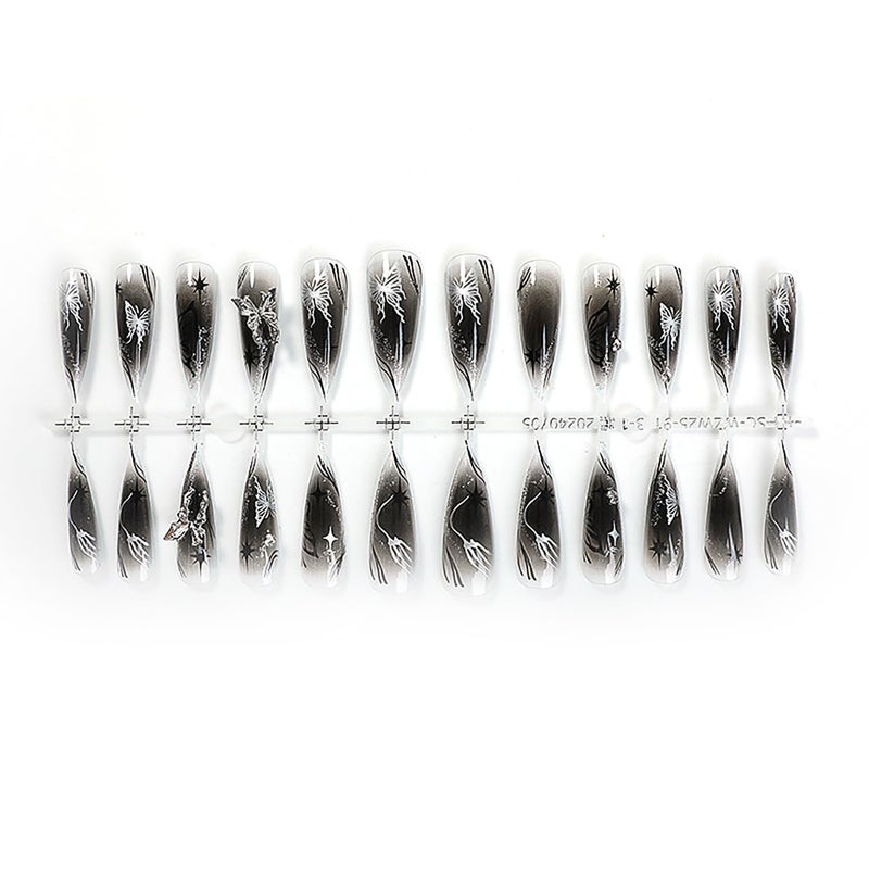 ASABITE 24 Pcs Almond Press on Nails Long Fake Nails with 3D Butterfly Nail Charms Nude Black False Nails with Design Glitter Artificial Nails Glossy Full Cover Glue on Nails Stick on Nails for Women Girls - Image 4